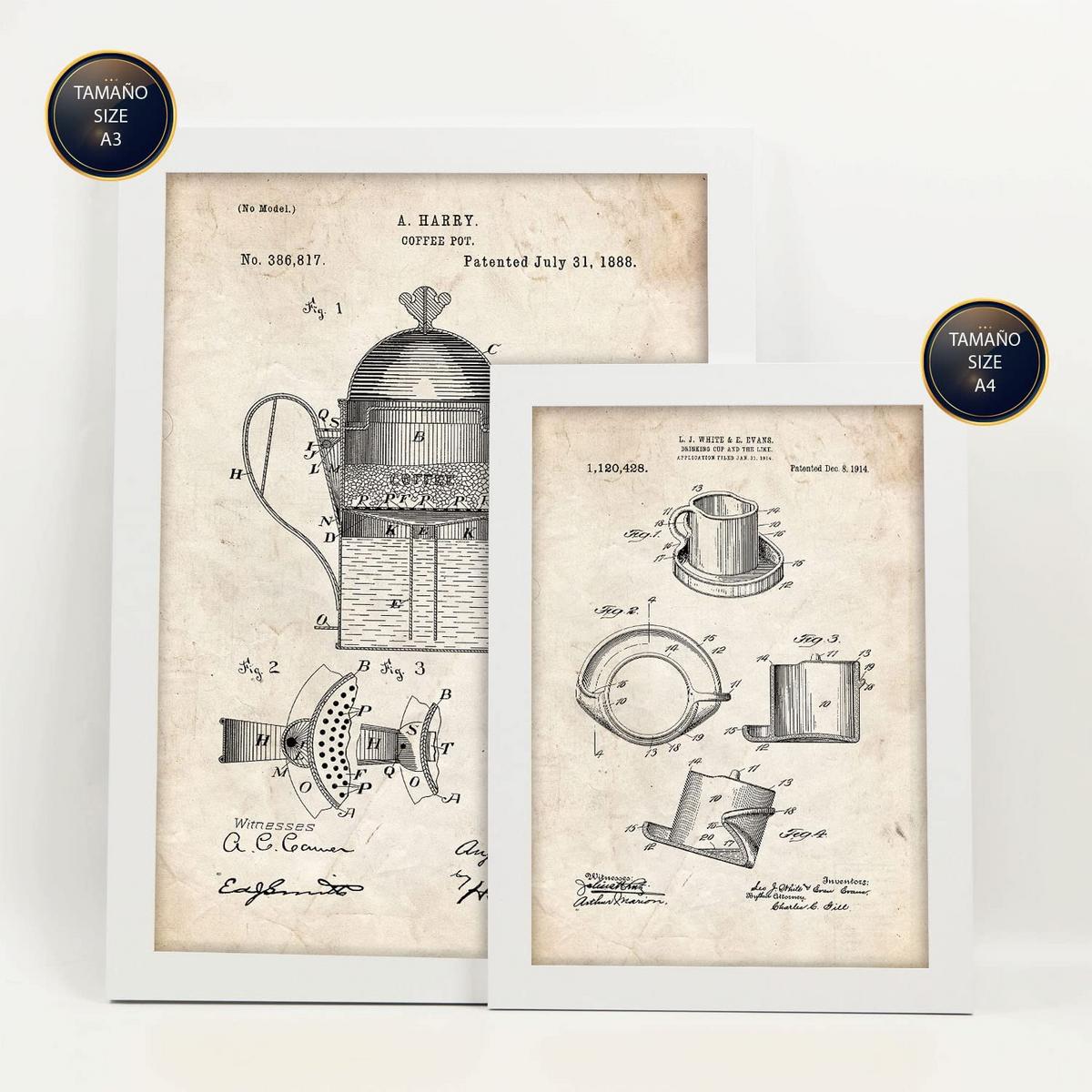 POSTER Set Mit 6 Plakaten Mit Kaffeemaschine Patenten Im Vintage Stil A3 & A4 Weißer Rahmen - Weiß, Papier (29/3cm) - Nacnic