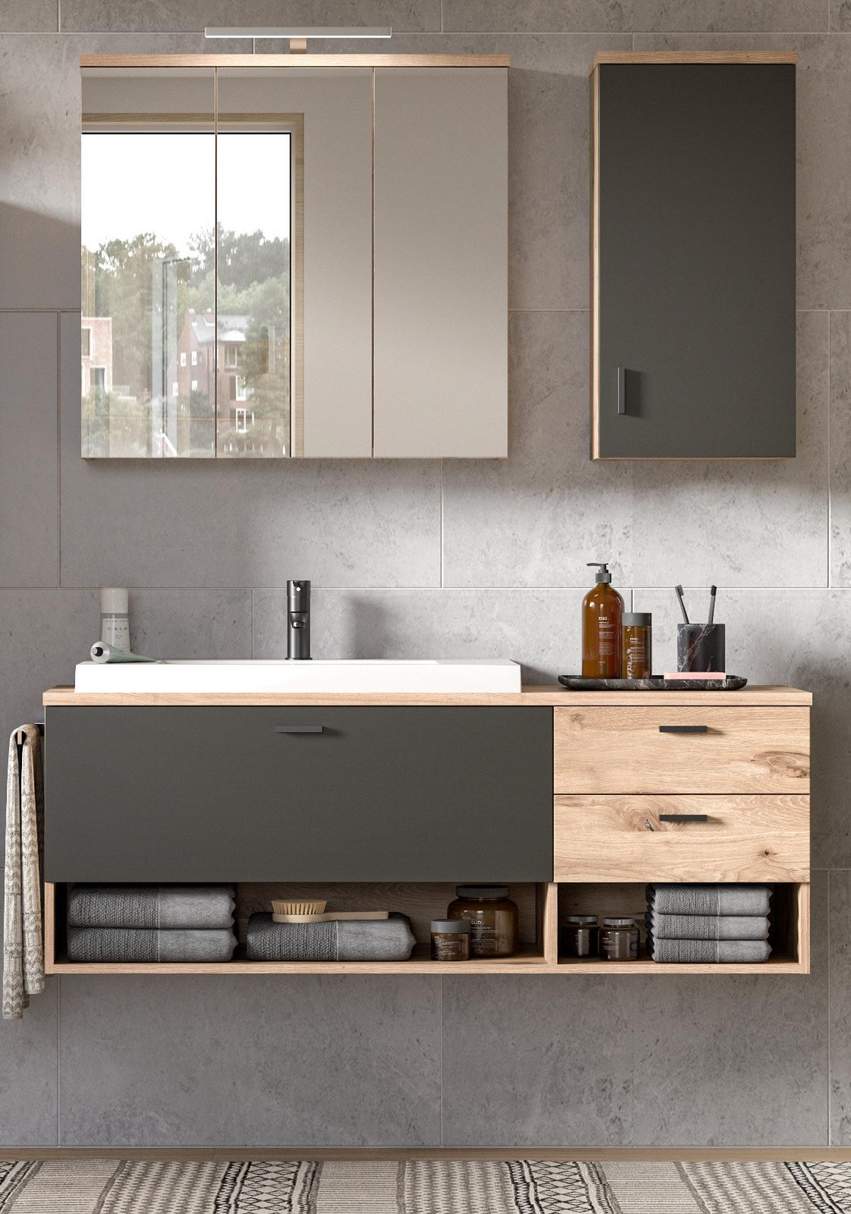 BADMÖBEL-SET Eiche, grau matt 138 cm, Kombination mit Waschbecken - Eichefarben/Grau, Holzwerkstoff (140/192/48cm) - Inn.Furn