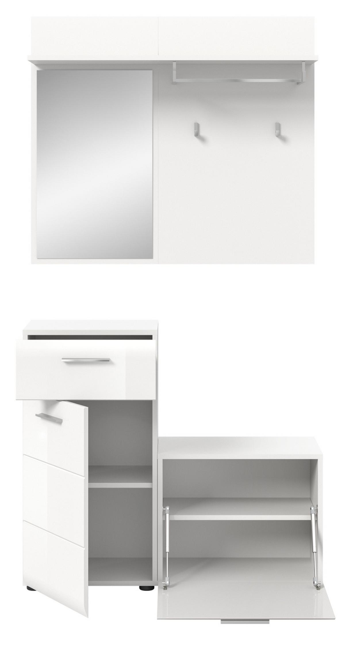 GARDEROBE Set 3-teilig weiß Hochglanz, Flurgarderobe kompakt, Komplett-Set Breite 98 cm - Weiß Hochglanz/Silberfarben, Holzwerkstoff/Kunststoff (98/190/191cm) - Inn.Furn