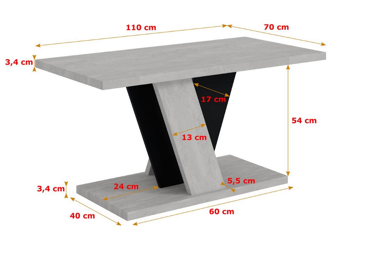 KAFFEETISCH 110x70x60 cm - Betonoptik K350 / Schwarz - INEY - Schwarz, Holzwerkstoff (110/70/60cm) - ALTDECOR