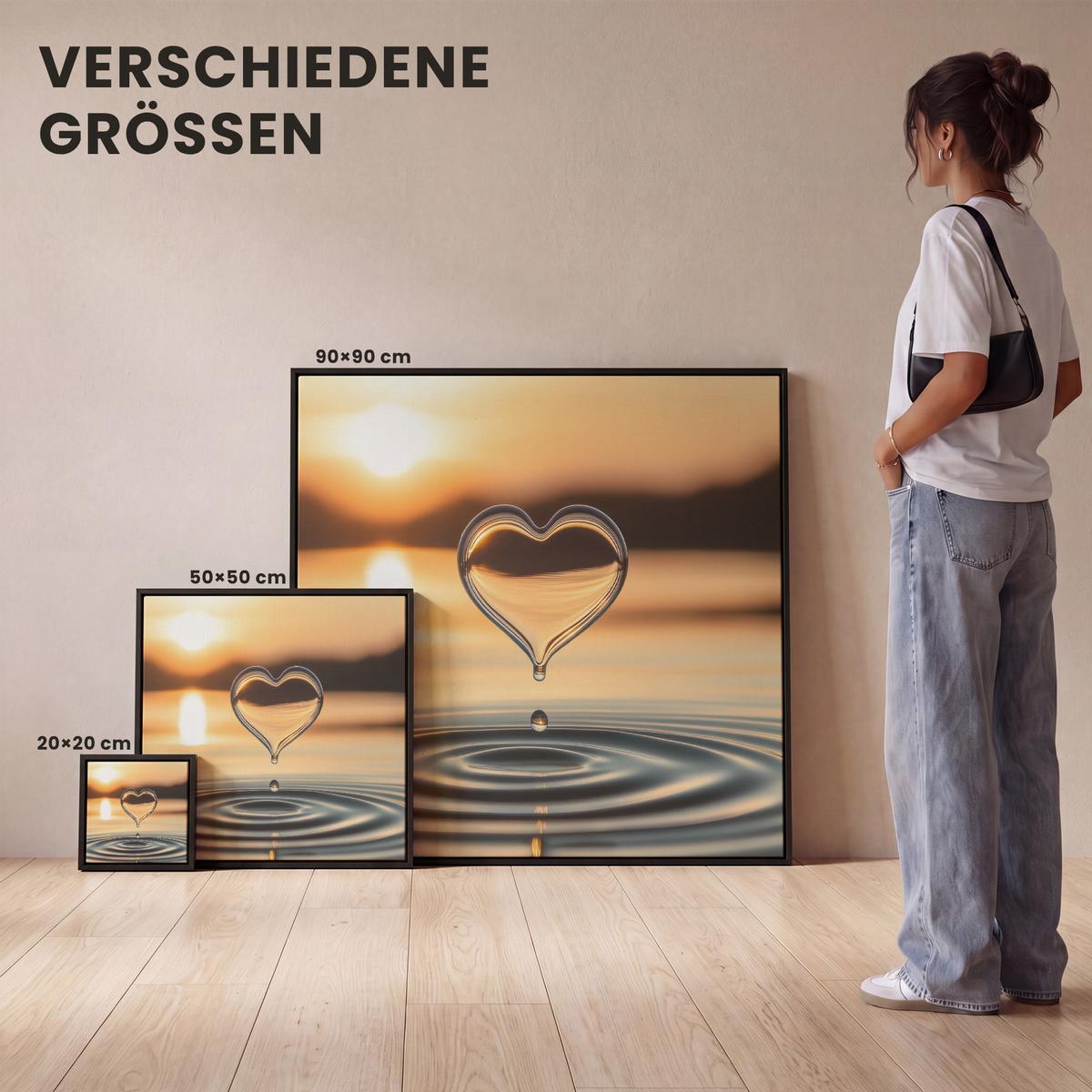 LEINWAND Bilder mit Rahmen - Herz - Wasser - Sonnenuntergang - Natur - Zen - 90x90 - Bernsteinfarben, Textil (90/90cm) - MuchoWow