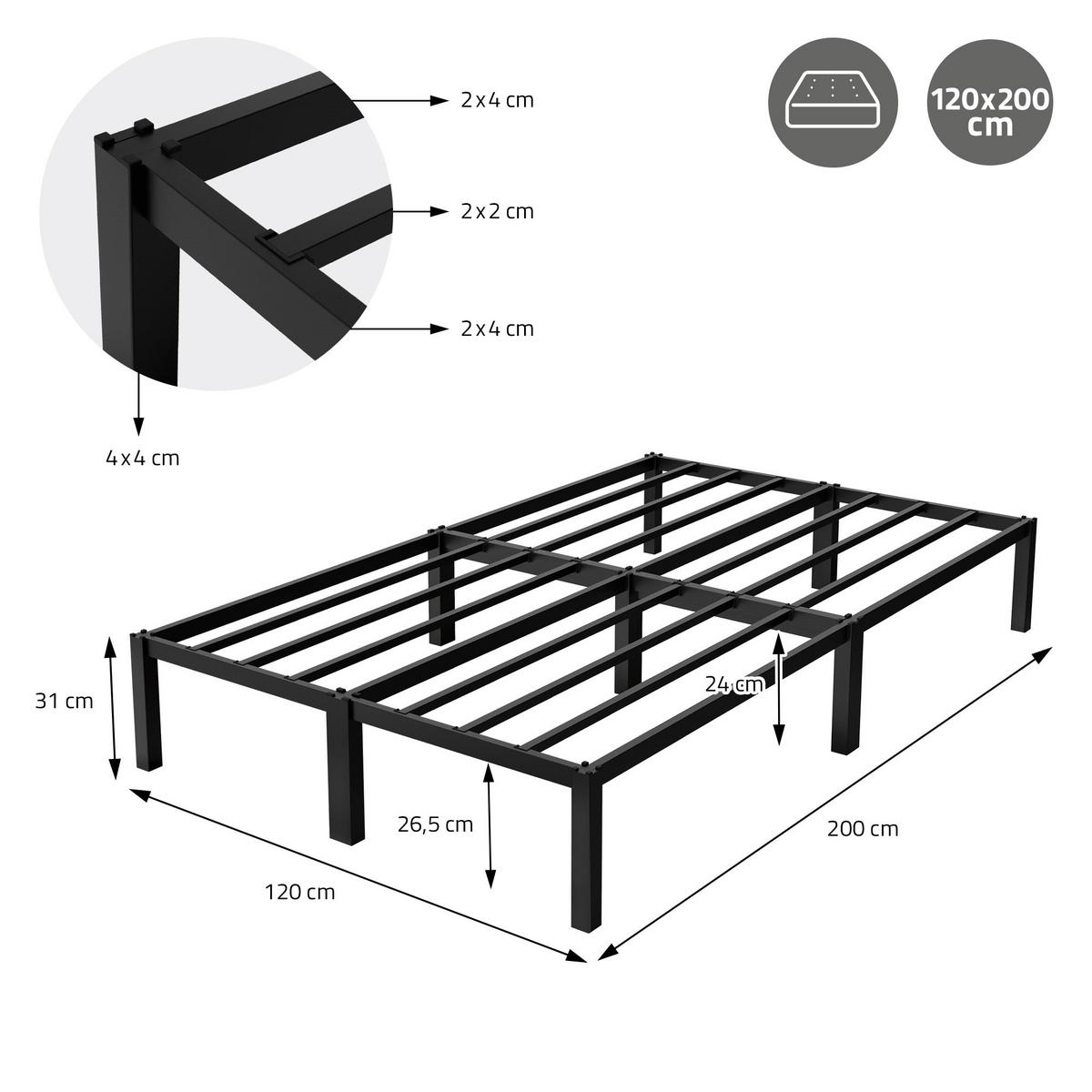 METALLBETT 120x200 cm mit Lattenrost Schwarz auf Stahlrahmen - Schwarz, Metall (120/200cm) - ML-DESIGN