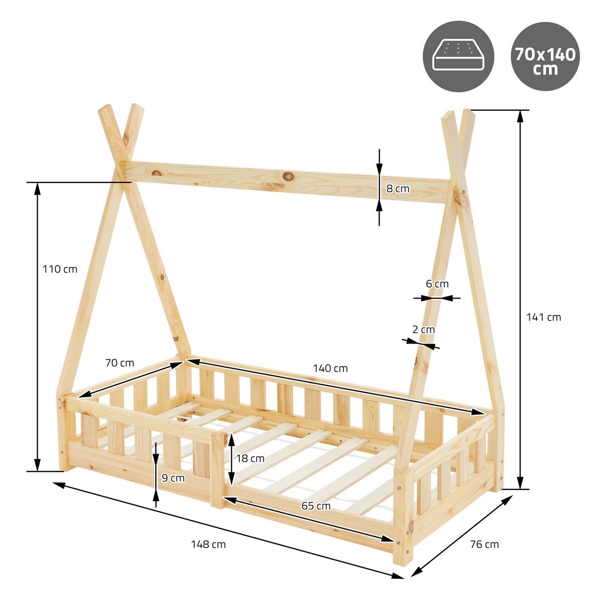 KINDERBETT Tipi 70x140 cm Natur - Naturfarben, Holz (70/140cm) - ML-DESIGN