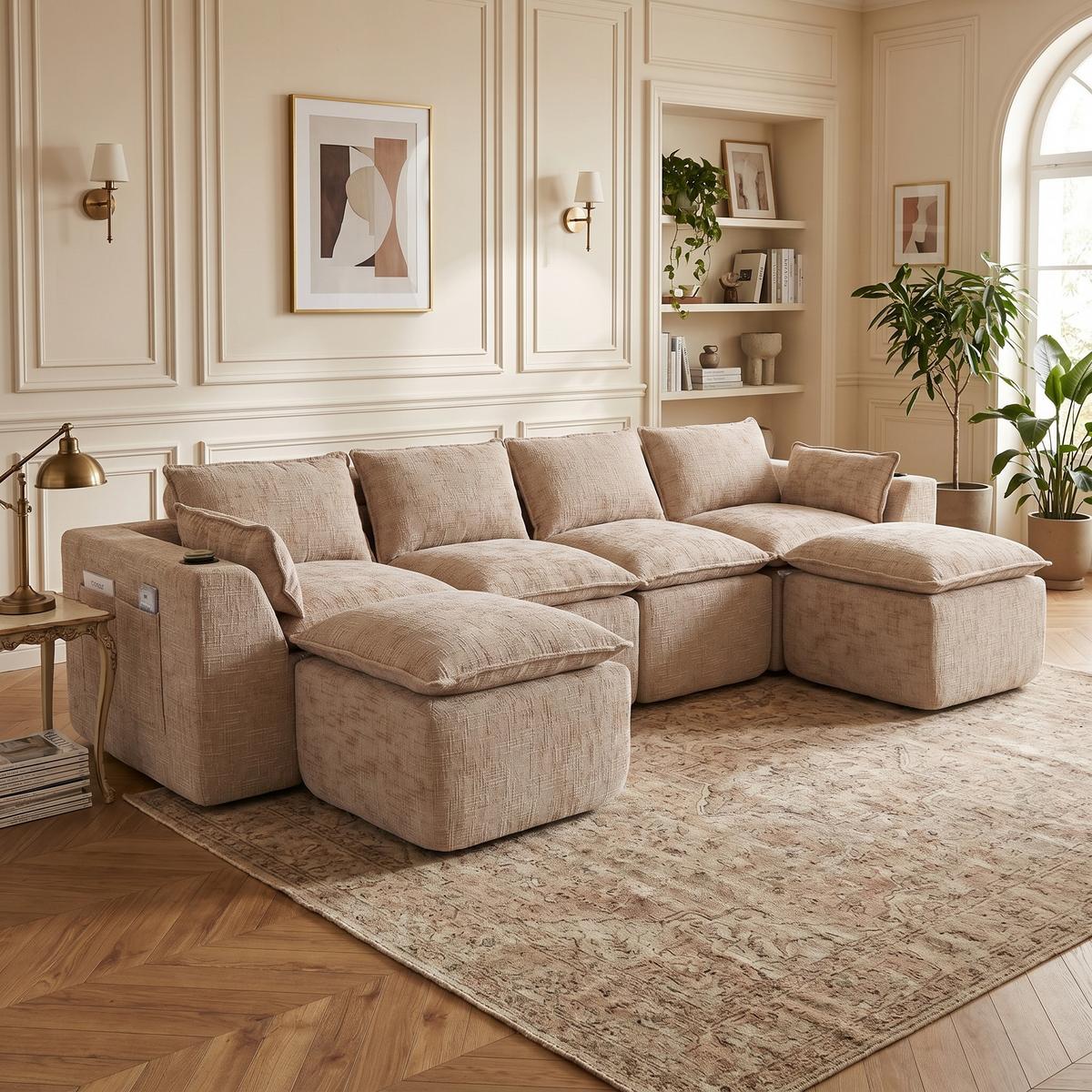 4-SITZER-SOFA aus chenille, modular mit 2 fußhockern und getränkehaltern - Sandfarben, Textil (322/75/161cm) - Urban Meuble