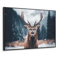 LEINWAND Bilder mit Rahmen - Hirsche - Tiere - Landschaft - Winter - Schnee - 150x100 - Kastanienfarben, Textil (150/100cm) - MuchoWow