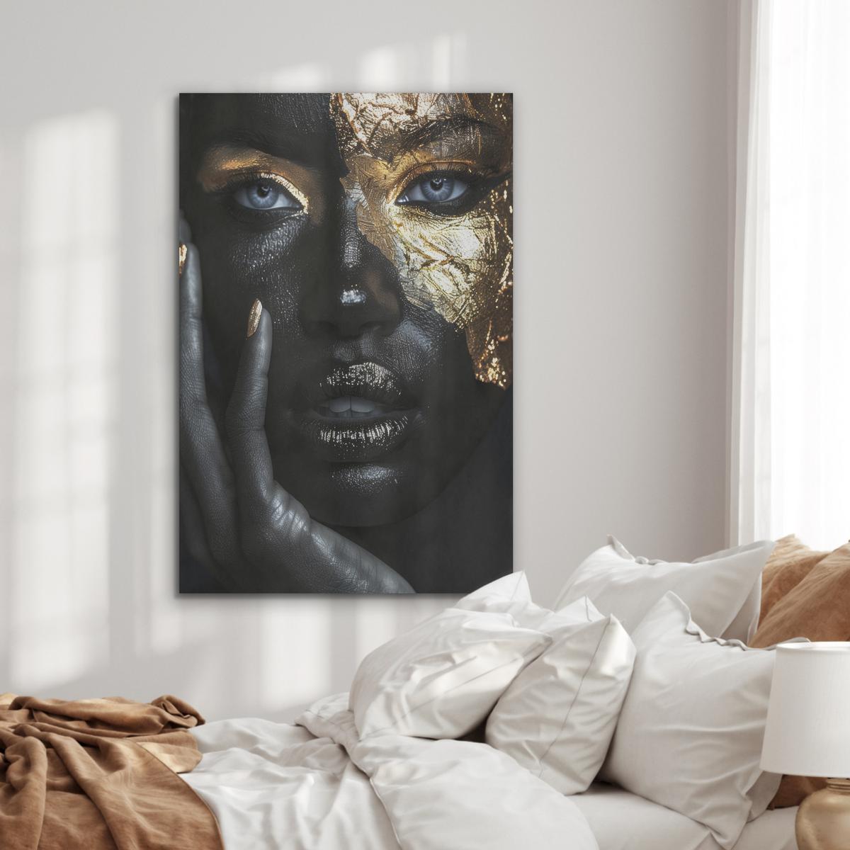 AKUSTIKBILD Frau - Gold - Porträt - Schwarz-Weiß - Luxus Wanddeko 70x100 cm - Hellblau, Kunststoff (70/100/0.9cm) - MuchoWow