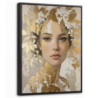 LEINWAND Bilder mit Rahmen - Gesicht - Frau - Blätter - Gold - 30x40 - Beige, Textil (30/40cm) - MuchoWow