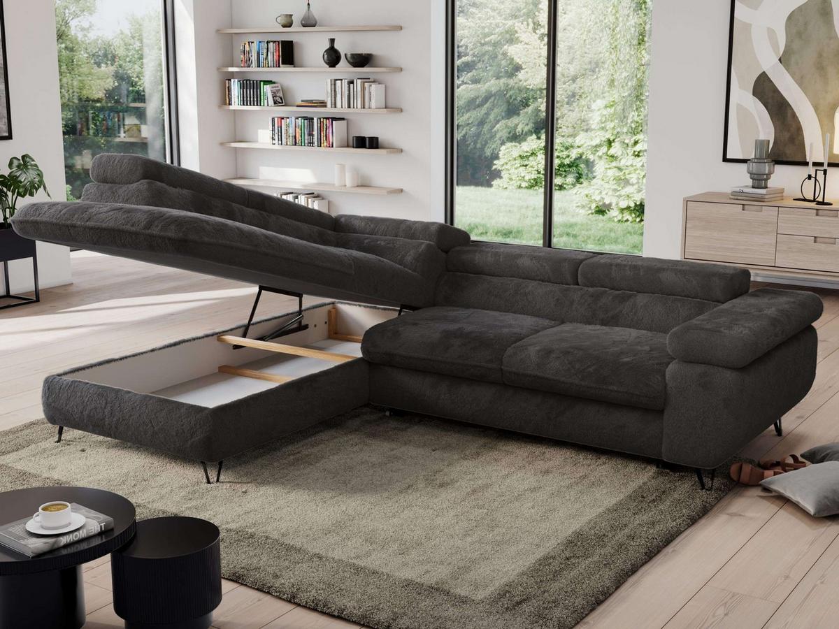 ECKSOFA PEDRO L Anthrazit Plüsch - Links Seite - Anthrazit/Schwarz, Textil/Metall (208/273cm) - MKS