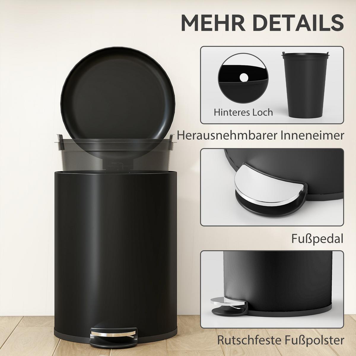 TRETEIMER 20L mit Soft-Close Deckel Schwarz - Schwarz, Kunststoff (30/44/36cm) - HOMCOM