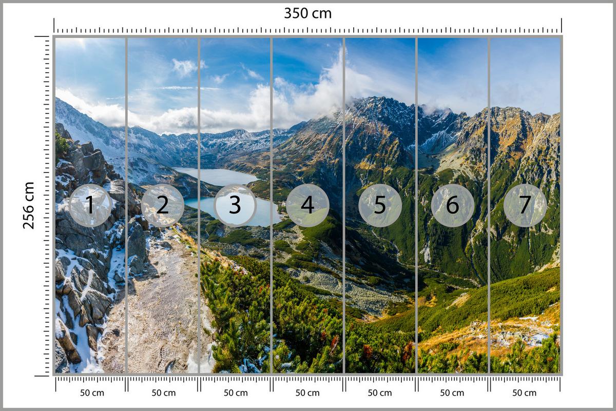 FOTOTAPETE für Wohnzimmer Tal der Fünf Polnischen Seen Gebirge 350x256 - Blau/Gelb, Papier (350/256cm) - Muralo