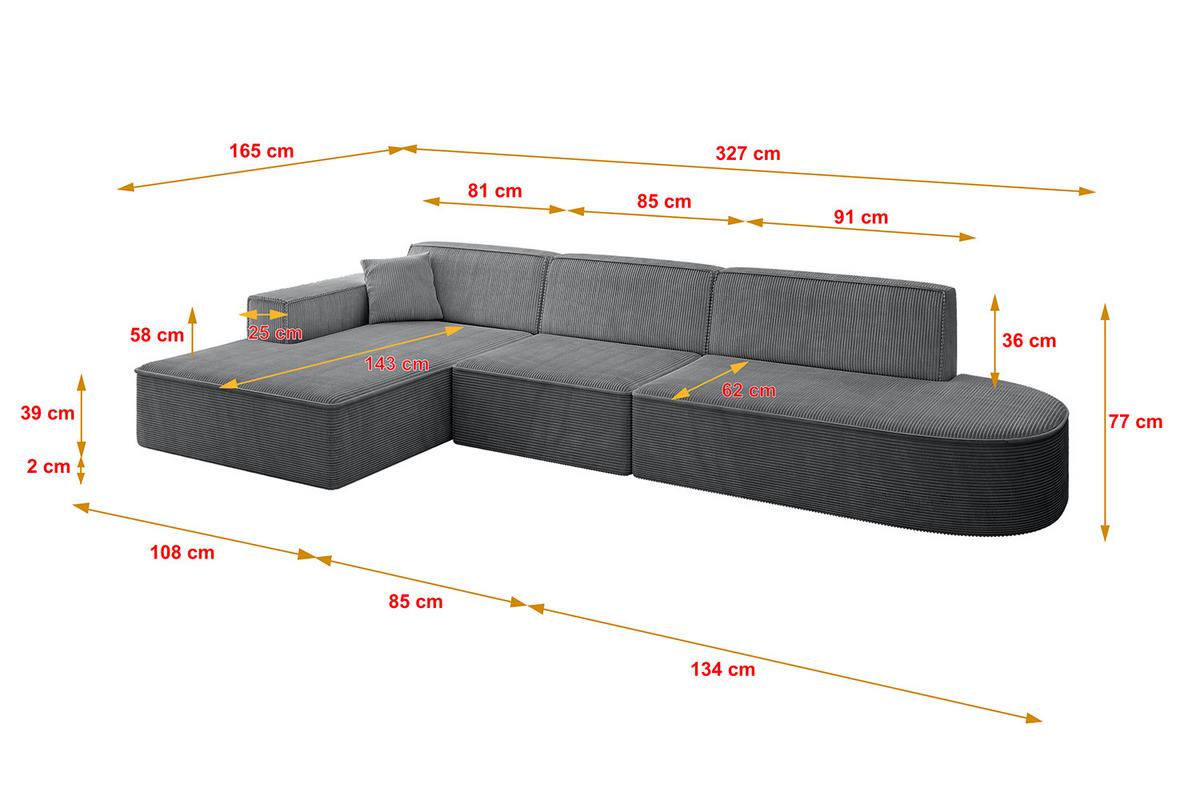 ECKSOFA Ottomane Links IREA-L2-v4 - 327x165x77 cm Duneklgrau - Dunkelgrau, Holzwerkstoff/Textil (327/165cm) - ALTDECOR