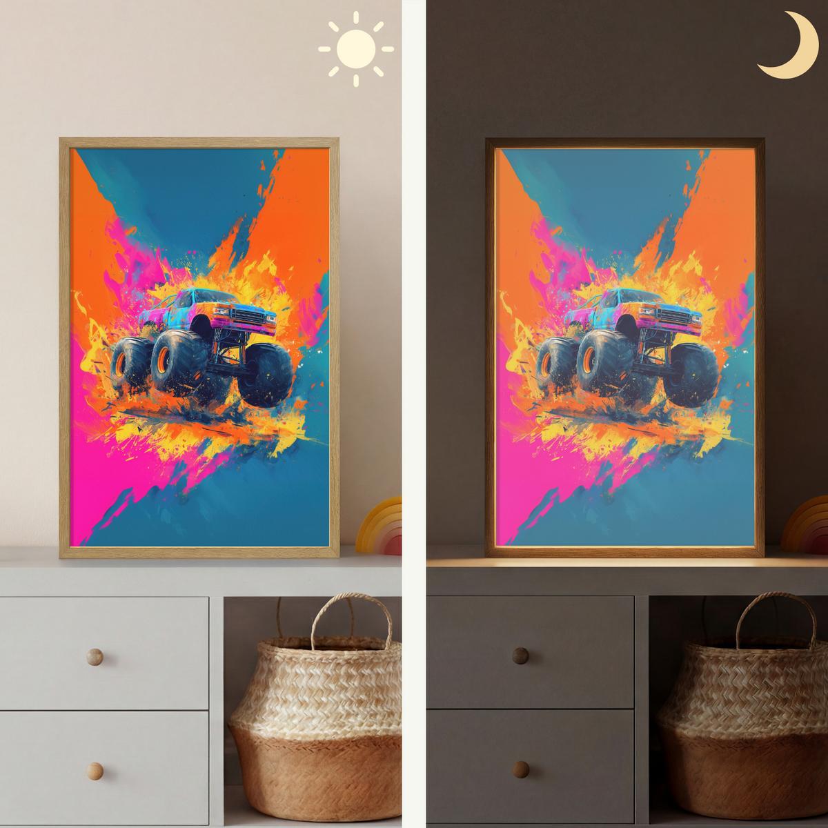 WANDLEUCHTE MIT AKKU Monstertruck - Abstrakt - Farbspritzer - Farbenfroh 40x60 cm - Pink, Holzwerkstoff (40/60/8cm) - OnlyWow