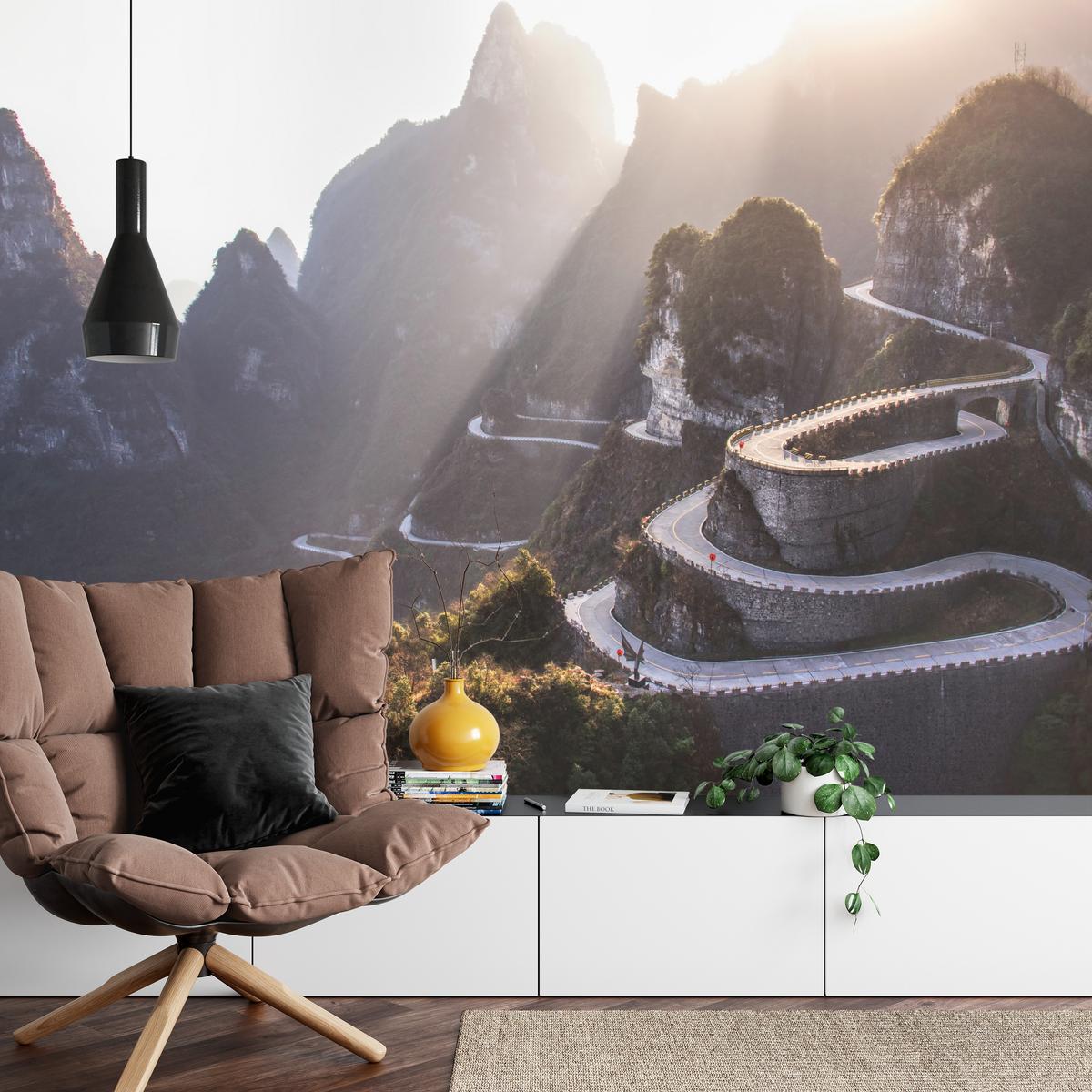 FOTOTAPETE für Wohnzimmer Felsige Bergstraße Sonnenuntergang 350x256 - Beige/Gelb, Papier (350/256cm) - Muralo