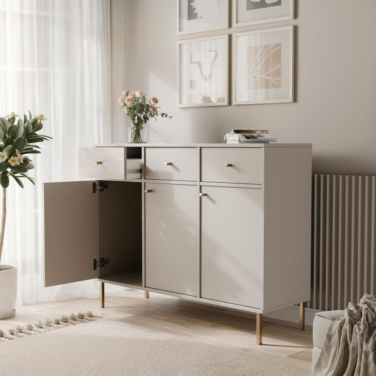 KOMMODE FLOW 124/41/95 cm, 3 Schublade(n), Sandbeige - Beige, Holzwerkstoff/Metall (124.5/95/40.8cm) - Idohome