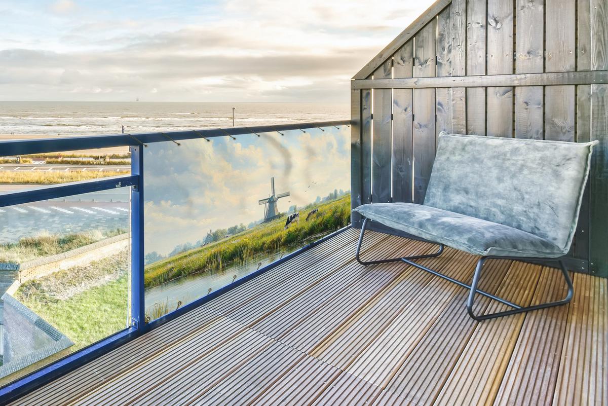 BALKON-SICHTSCHUTZ Kühe - Windmühle - Wiese - Blau Balkon Deko 300x120 cm - Grün, Kunststoff (300/120cm) - MuchoWow