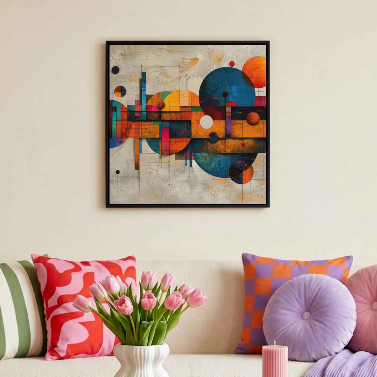 LEINWAND Bilder mit Rahmen - Vintage - Moderne Kunst - Orange - Geometrische Formen - 50x50 - Multicolor, Textil (50/50cm) - MuchoWow