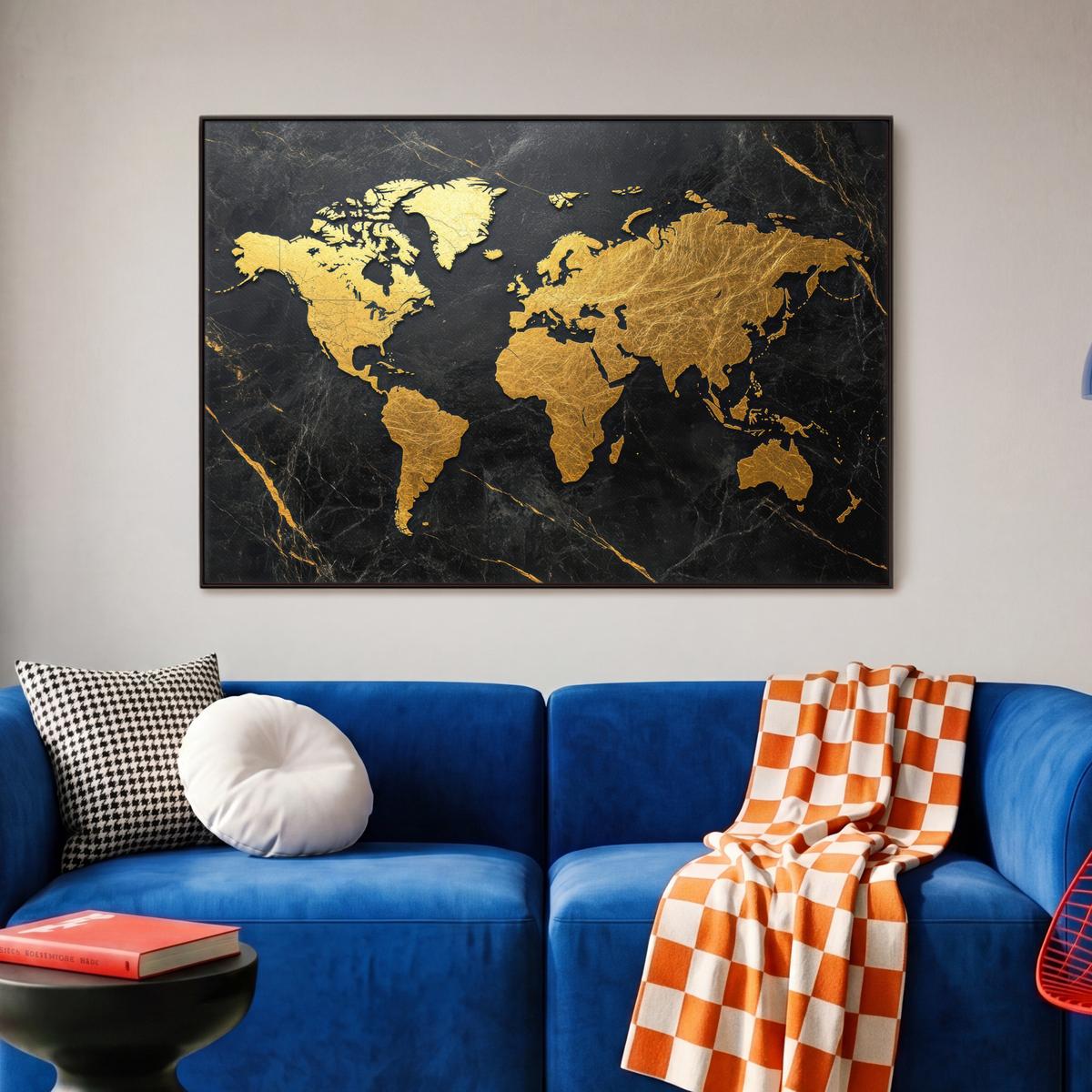 LEINWAND Bilder mit Rahmen - Weltkarte - Gold - Marmor - 90x60 - Goldfarben, Textil (90/60cm) - MuchoWow