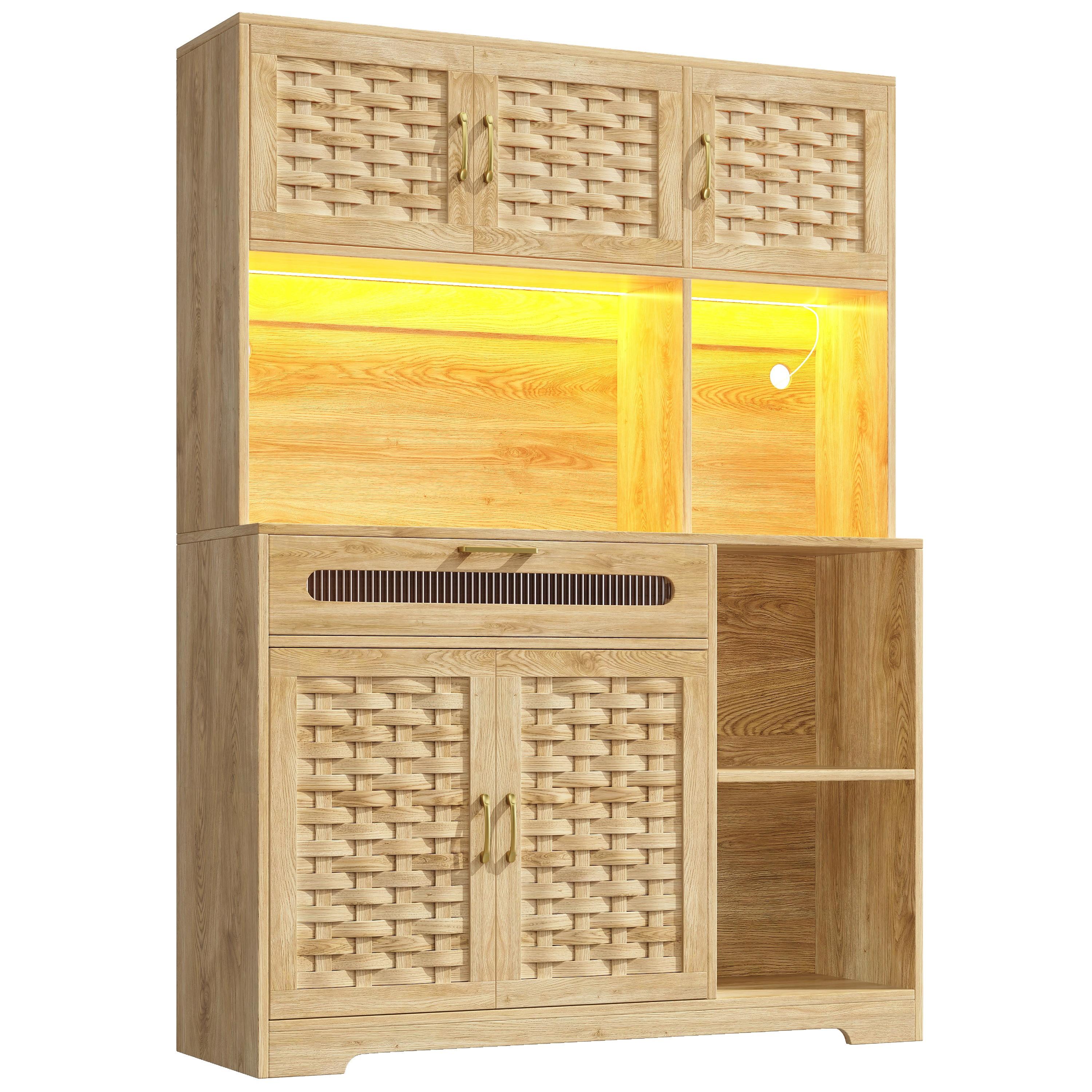 HIGHBOARD Holzoptik Natur mit LED & Geflochtenen Glastüren - Eiche San Remo, Glas/Holzwerkstoff (120/180/40cm) - Urban Meuble