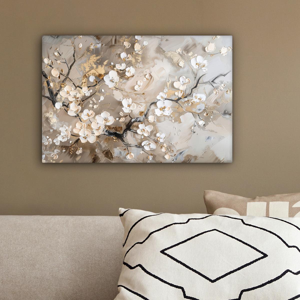 LEINWANDBILD Blumen - Weiß - Gold - Beige - Luxus Deko Schlafzimmer 30x20 cm - Greige, Textil (30/20cm) - MuchoWow