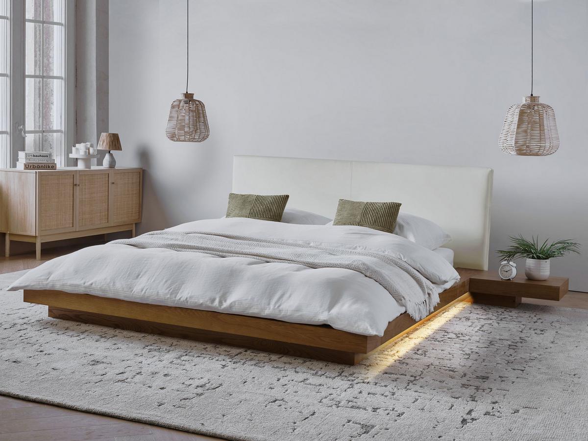 BETT mit LED 160x200 cm Heller Holzfarbton Zen - Hellbraun, Holzwerkstoff (160/200cm) - Beliani