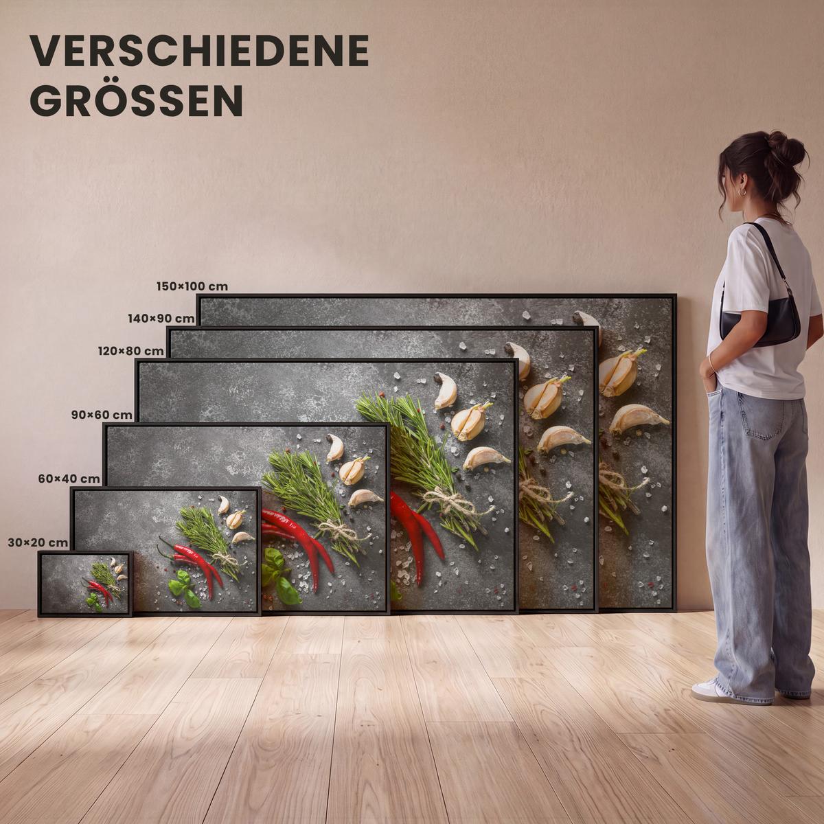 LEINWAND Bilder mit Rahmen - Pfeffer - Kräuter - Gewürze - Beton - 150x100 - Dunkelgrau, Textil (150/100cm) - MuchoWow
