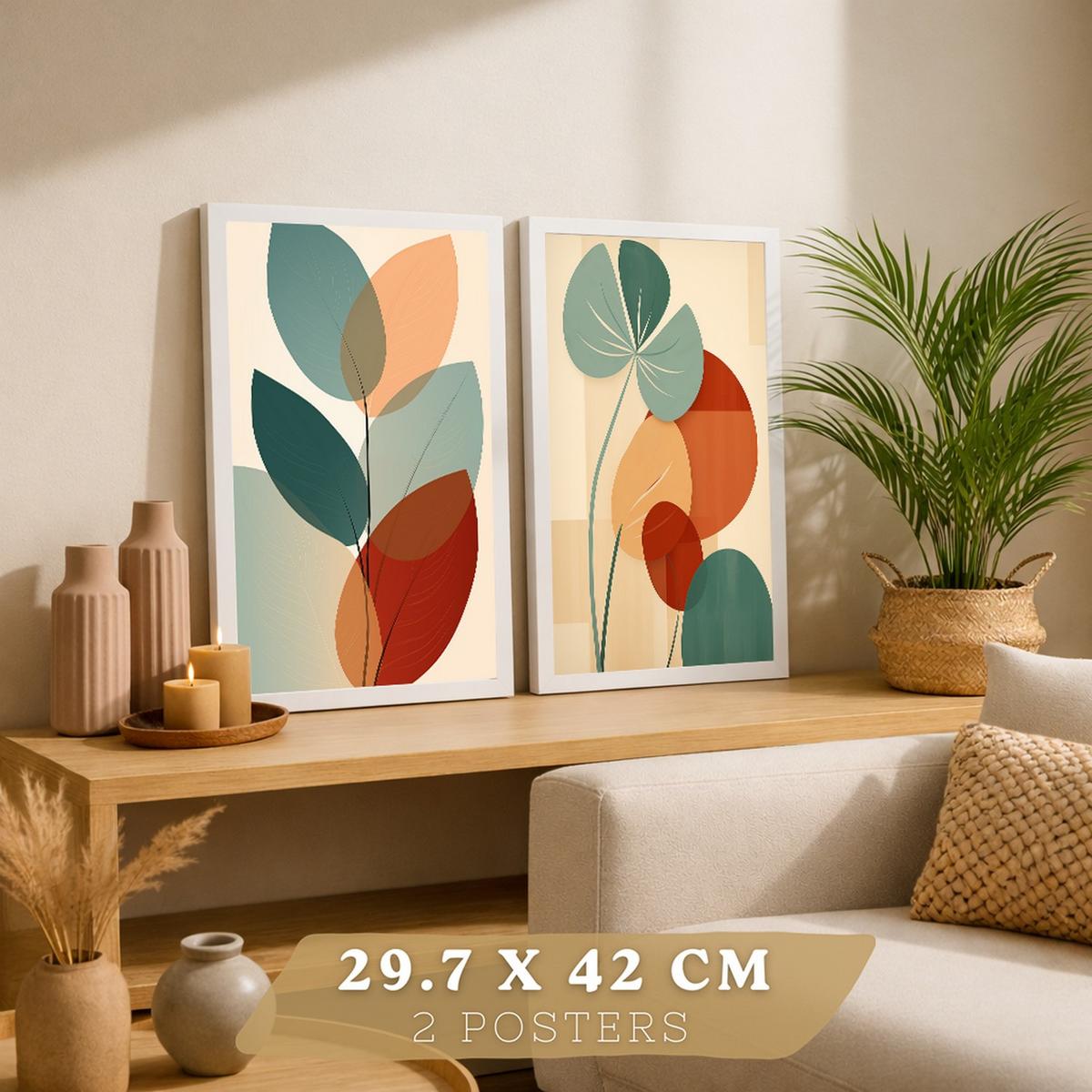 POSTER 2er-Set Wandbilder Blätter Pflanzen modern Wohnzimmer Deko, Schlafzimmer, Küche, Badezimmer Weißer Rahmen A4 - Weiß, Papier (29.7/1/21cm) - Nacnic
