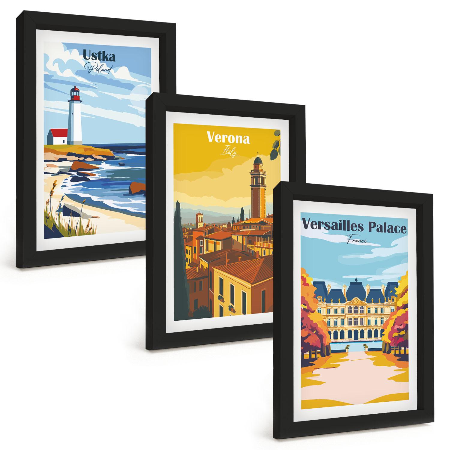 BILDER SET 3er Set - 20x30 cm Schwarzer Rahmen - Ansichten von Orten am Meer und von Städten - Schwarz, Kunststoff (20/30cm) - TULUP