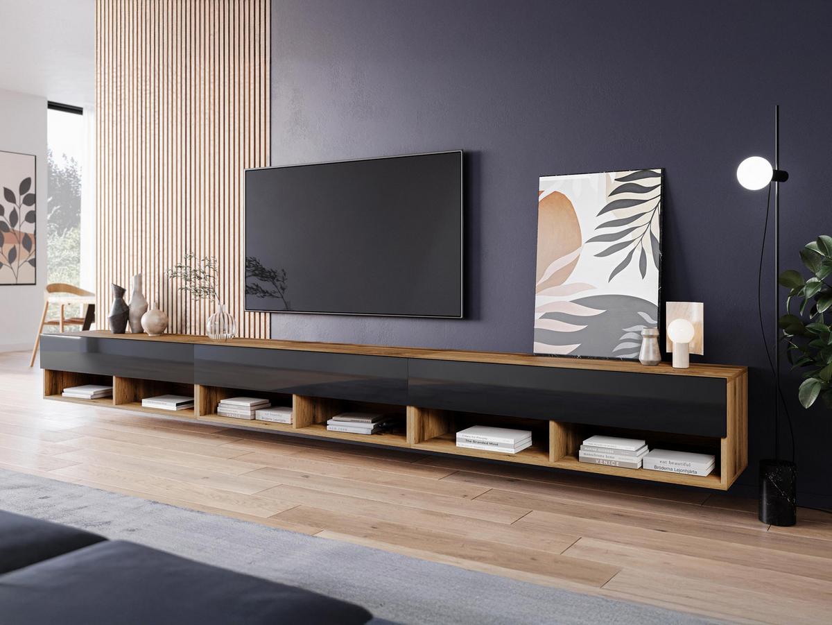 TV-LOWBOARD A300 - Schwarz Hochglanz/Eiche Wotan, Holzwerkstoff (300/32/33cm) - MIRJAN24