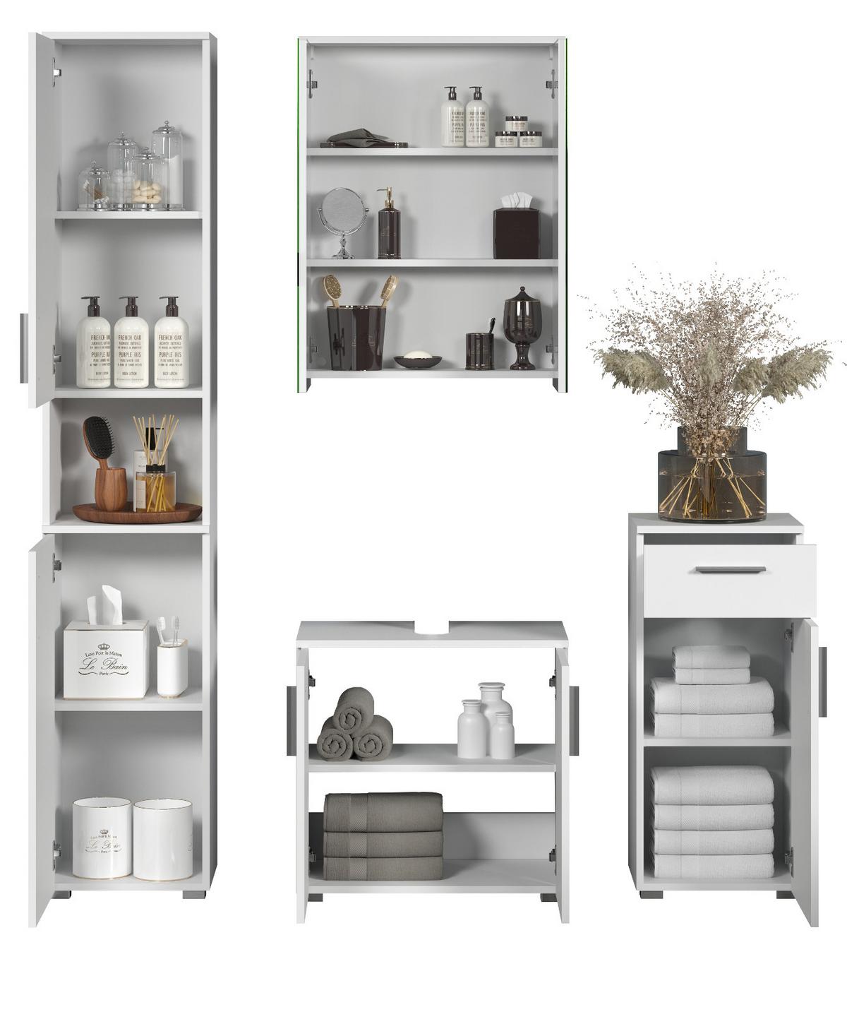 BADMÖBEL-SET weiß Hochglanz 4-teilig 164 x 192 cm, moderne Badezimmer-Schränke - Weiß Hochglanz/Silberfarben, Holzwerkstoff/Kunststoff (164/192/32cm) - Top.Furn