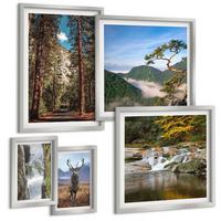 BILDER SET 5er Set - 50x50 cm & 20x30 cm & 40x60 cm Silberner Rahmen - Wasserfall Wald Berge Hirsch Natur - Silberfarben, Kunststoff (40/60cm) - TULUP