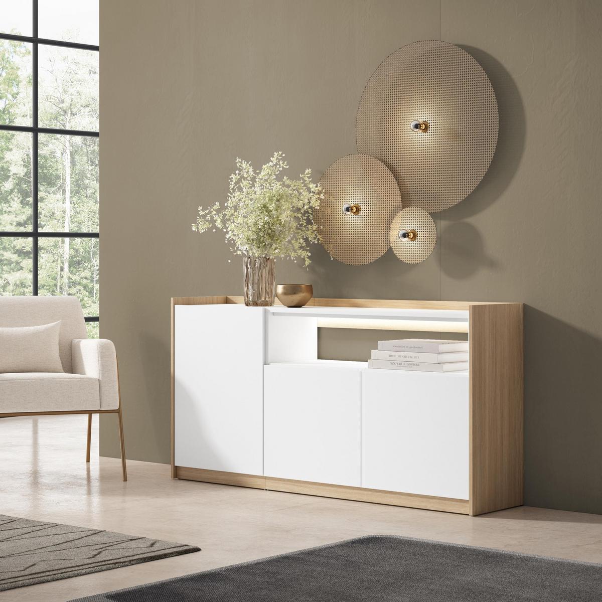 SIDEBOARD, Weiß und Eiche, 156/37/80cm, mit Led - Weiß, Holzwerkstoff (156/80/37cm) - Skraut Home