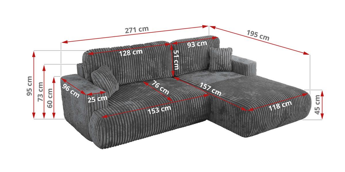 ECKSOFA OVO L Dunkelgrau Cord - Rechts Seite - Dunkelgrau/Schwarz, Kunststoff/Textil (195/271cm) - MKS