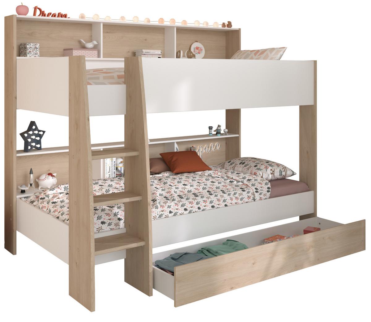 ETAGENBETT weiß, Eiche 90 x 200 cm, Jugendzimmer Hochbett mit Stauraum - Eichefarben/Schwarz, Holzwerkstoff/Kunststoff (90/200cm) - Parisot Meuble