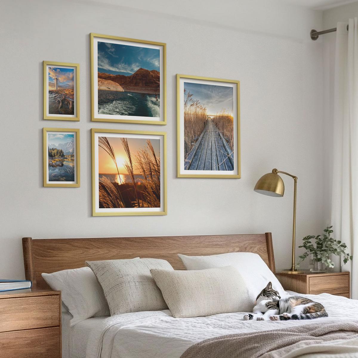 BILDER SET 5er Set - 50x50 cm & 20x30 cm & 40x60 cm Goldrahmen - Leuchtturm-Grassteg - Goldfarben, Kunststoff (40/60cm) - TULUP