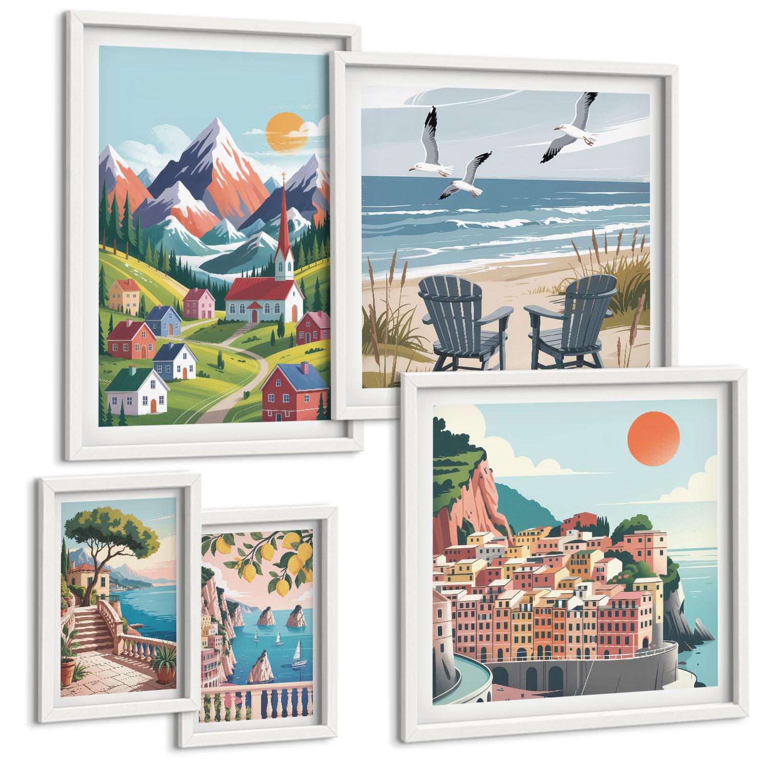 BILDER SET 5er Set - 50x50 cm & 20x30 cm & 40x60 cm Weißer Rahmen - Pastellfarbene Küstenhäuser - Weiß, Kunststoff (40/60cm) - TULUP