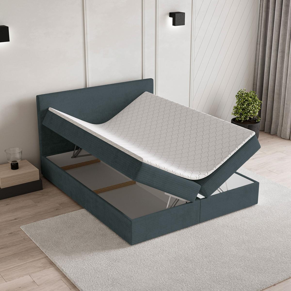 BOXBETT NIRA 160x200 cm mit Matratze und Topper - Blau - Blau, Holz (160/200cm) - MASSENO