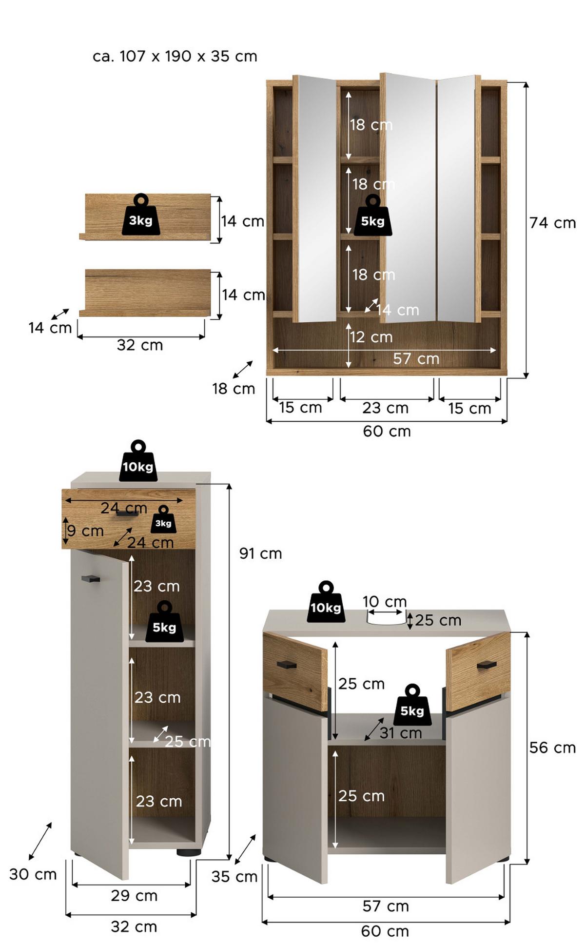 BADMÖBEL-SET Kaschmir, Evoke Eiche 5-teilig 107 cm, Komplettset in modernem Design - Kaschmir/Eichefarben, Glas/Holzwerkstoff (107/191/35cm) - Inn.Furn