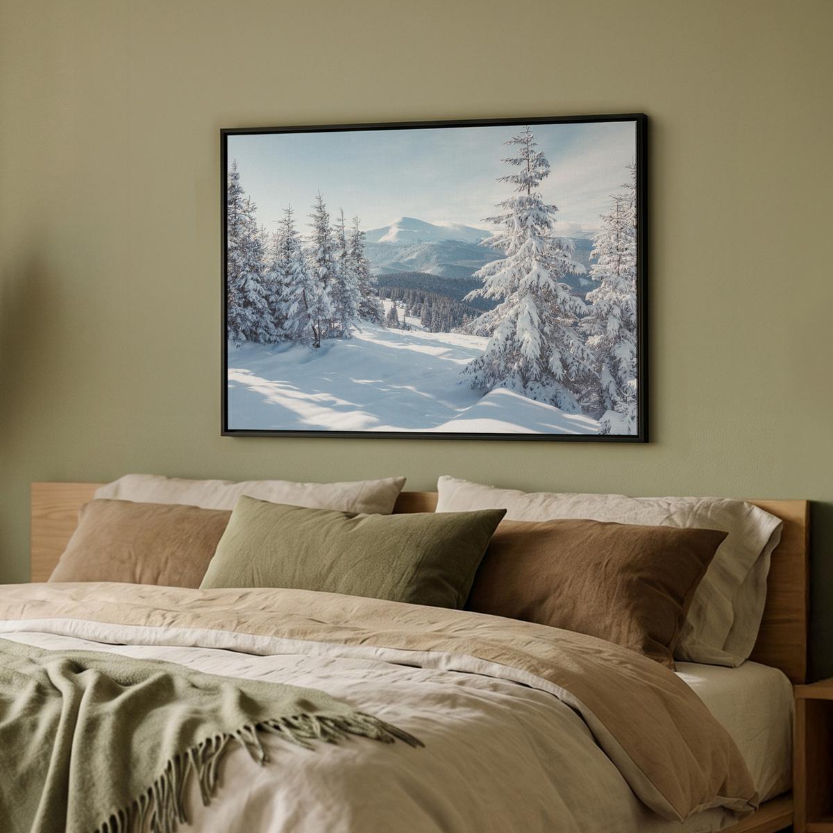 LEINWAND Bilder mit Rahmen - Winterlandschaft - Natur - Berge - Bäume - Schnee - 80x60 - Hellblau, Textil (80/60cm) - MuchoWow