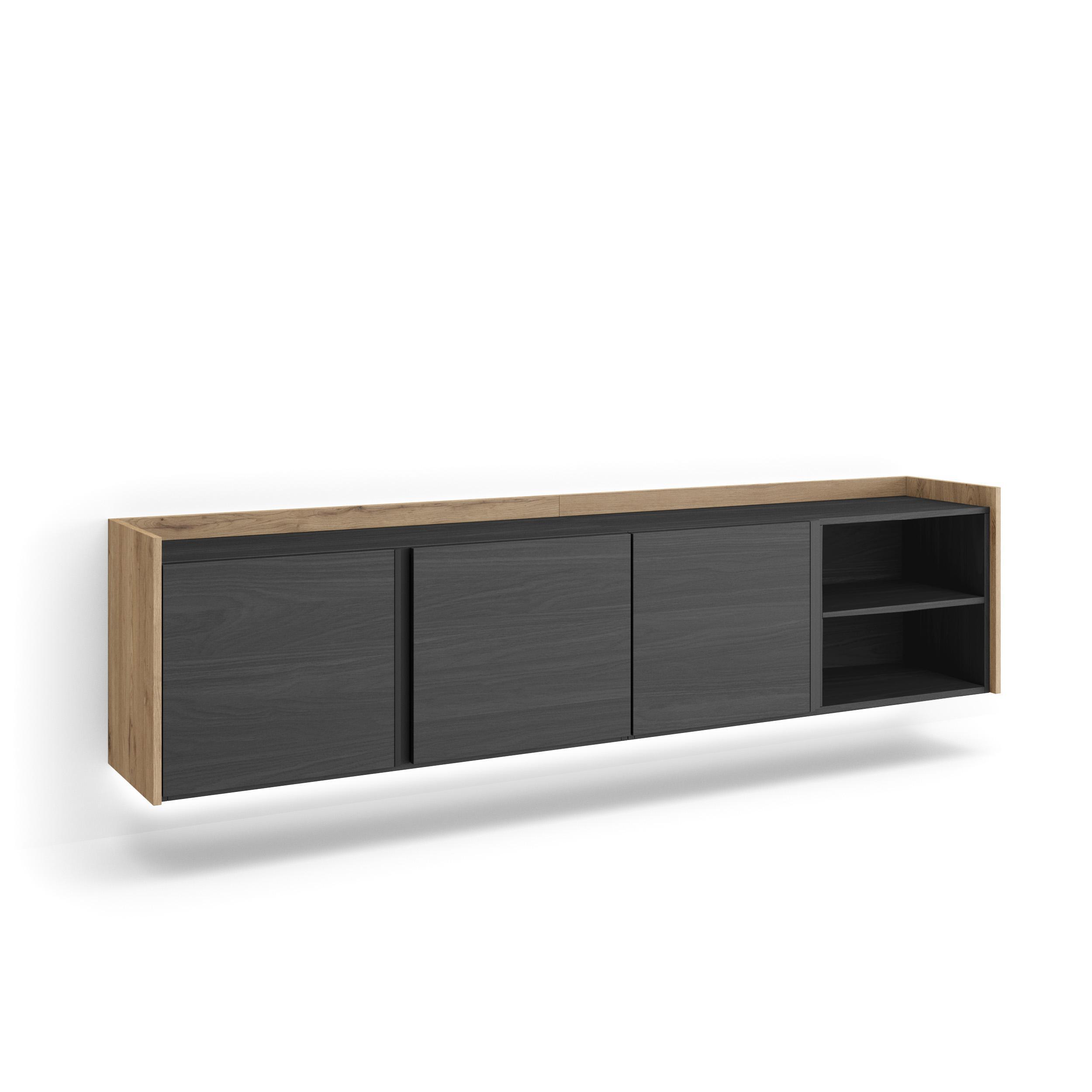 LOWBOARD, Schwarz und Eiche, 207/35/50cm, Hängend - Schwarz, Holzwerkstoff (207/50/35cm) - Skraut Home