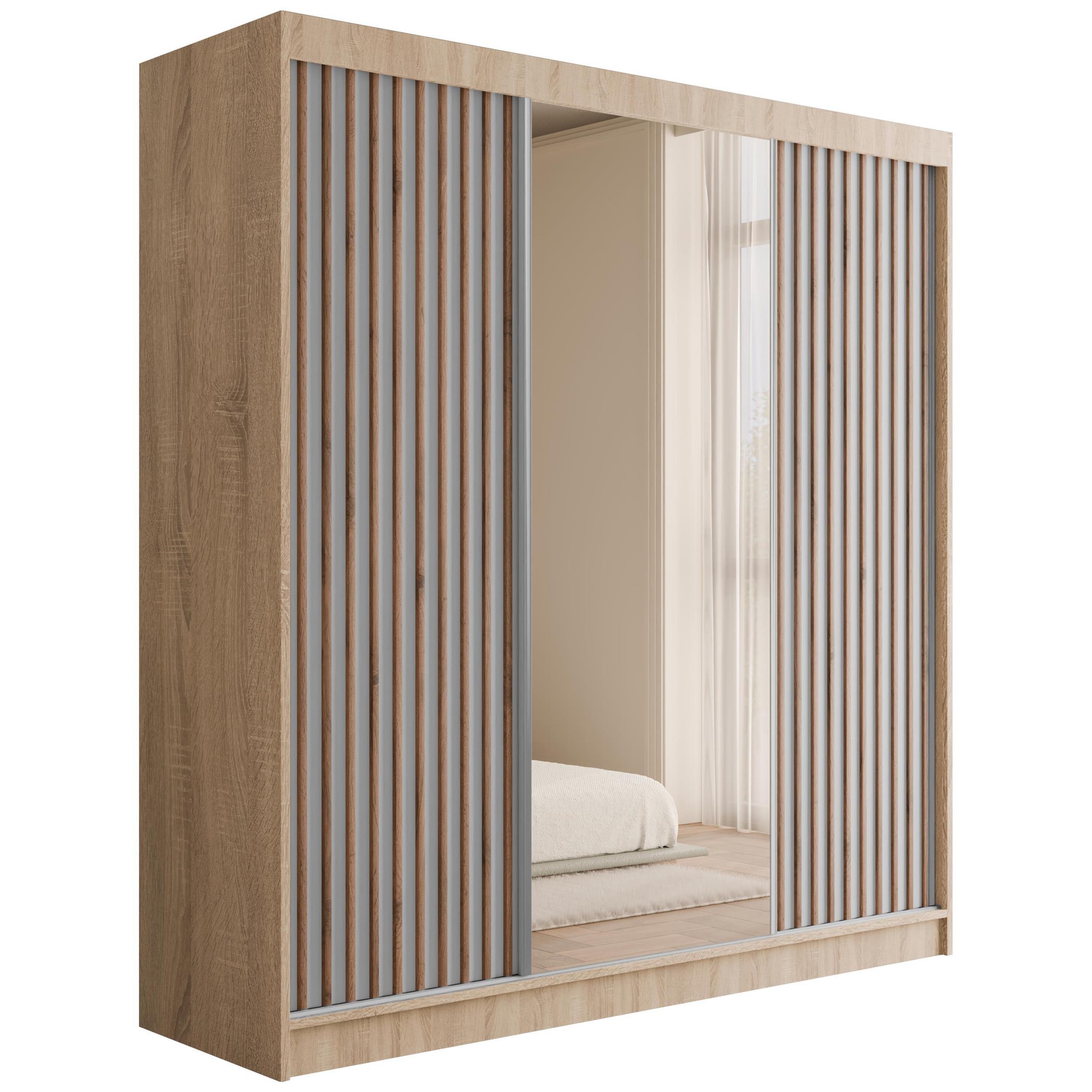 KLEIDERSCHRANK mit Spiegel V2-ZENTI 215x200 cm Sonoma Eiche|Weiß - Weiß/Sonoma Eiche, Holzwerkstoff (200/215/61cm) - ALTDECOR
