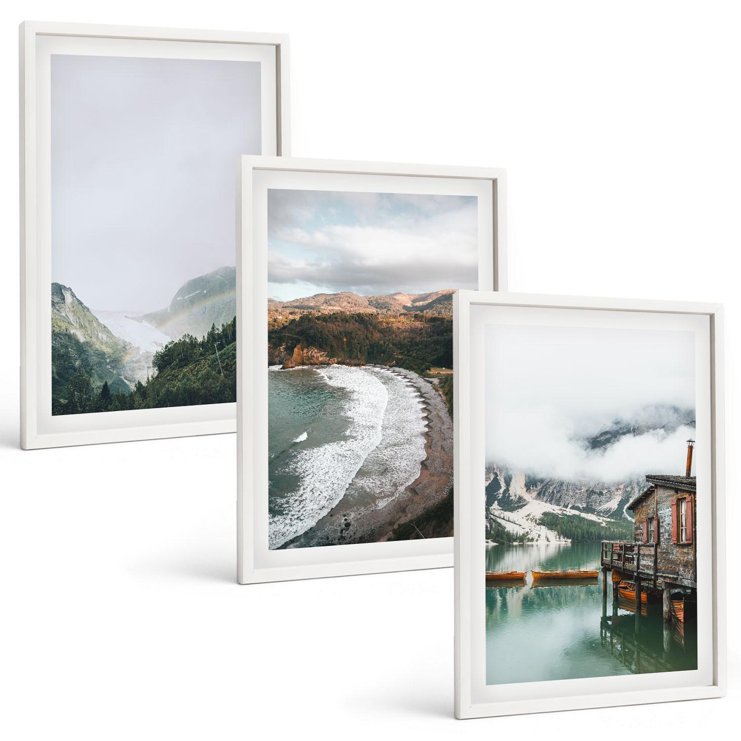 BILDER SET 3er Set - 40x60 cm Weißer Rahmen - Berge, Strand, Wolken, Wasser - Weiß, Kunststoff (40/60cm) - TULUP