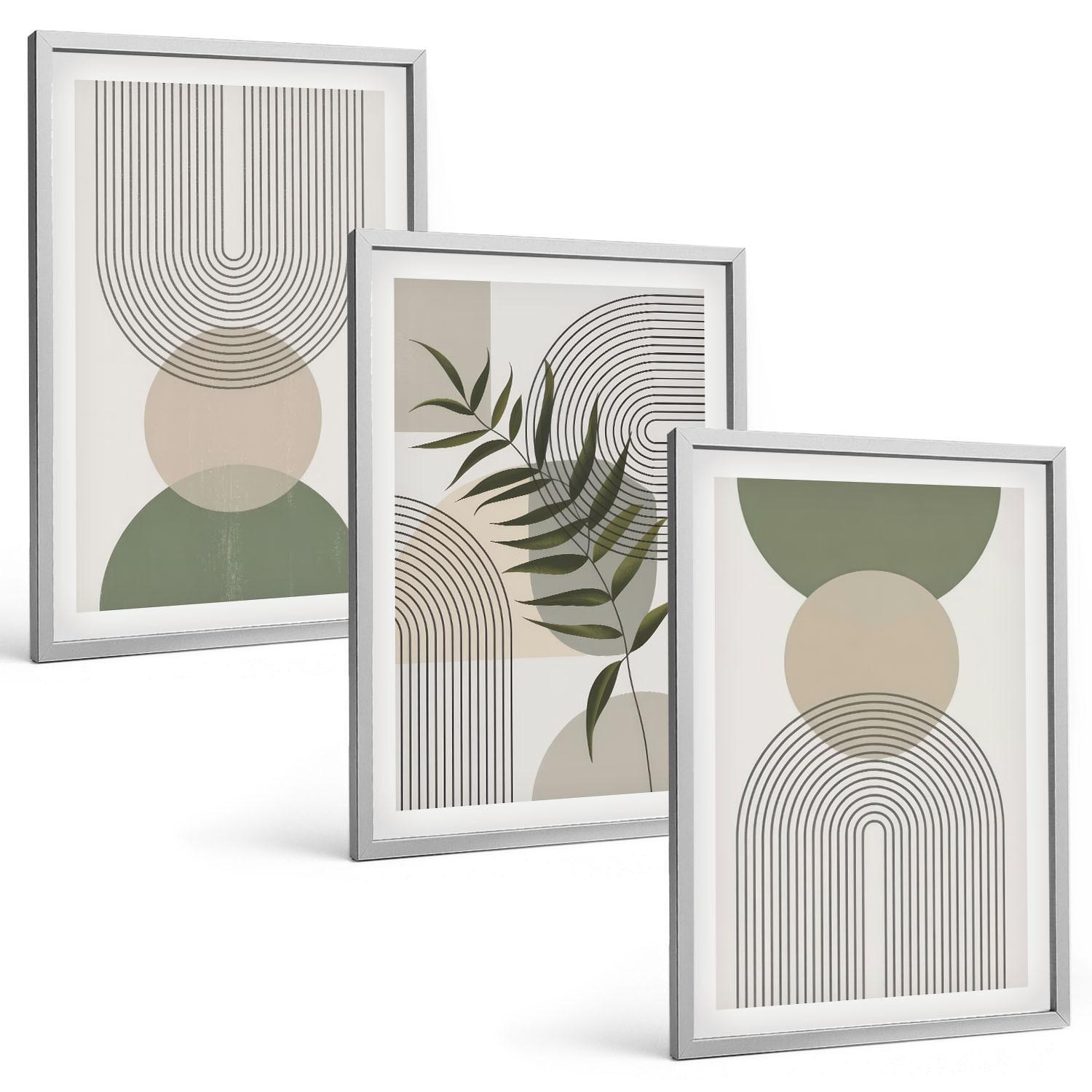 BILDER SET 3er Set - 40x60 cm Silberner Rahmen - Abstrakte Formen mit Grün - Silberfarben, Kunststoff (40/60cm) - TULUP