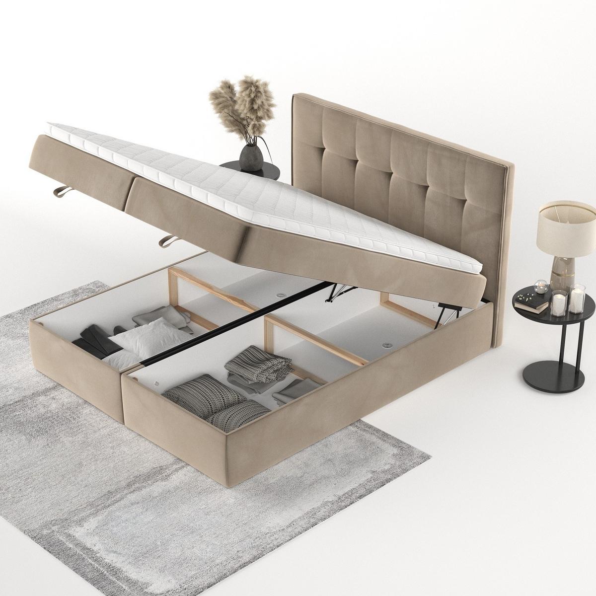 BOXBETT Tivra 160/200 cm Taupe im Paros Stoff - Taupe/Schwarz, Holz/Holzwerkstoff (160/200cm) - AltaBeds