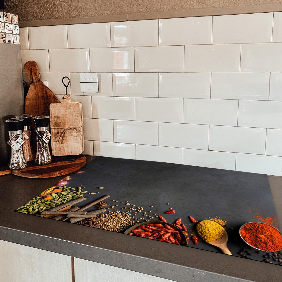 HERDABDECKPLATTE Kräuter - Lebensmittel - Gewürze - Schwarz - Paprika - Zimt Ceranfeldabdeckung 76x51.5 cm - Currygelb, Kunststoff (76/51.5/0.2cm) - MuchoWow