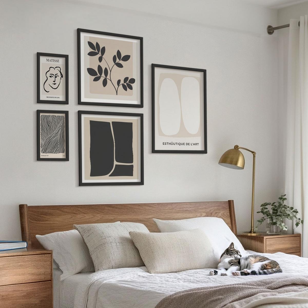BILDER SET 5er Set - 50x50 cm & 20x30 cm & 40x60 cm Schwarzer Rahmen - Minimalistische Pflanzenmuster - Schwarz, Kunststoff (40/60cm) - TULUP
