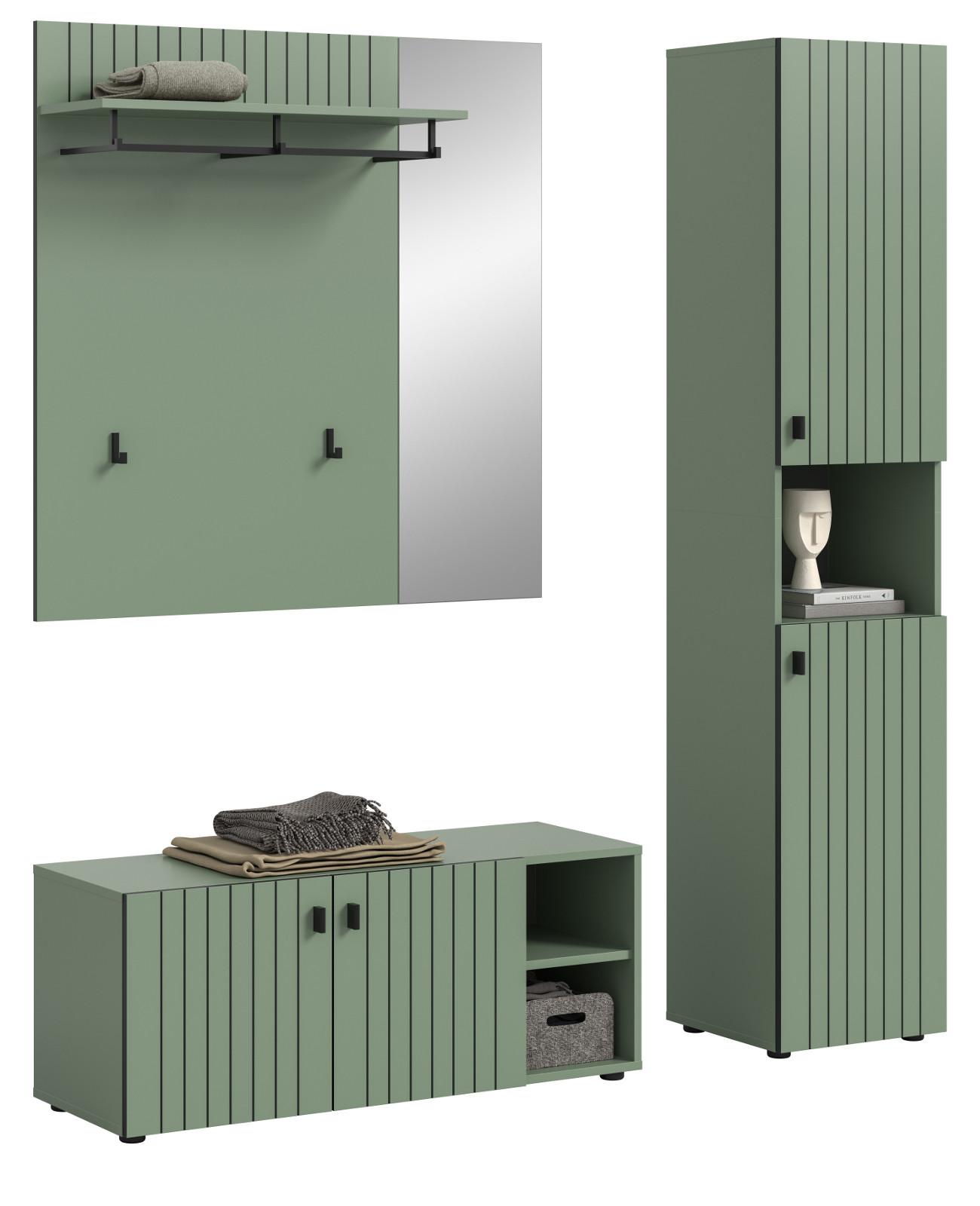 GARDEROBE-SET grün 3-teilig 161 cm, Flurschränke mit Rillen-Optik - Schwarz/Grün, Glas/Holzwerkstoff (161/192/37cm) - Inn.Furn
