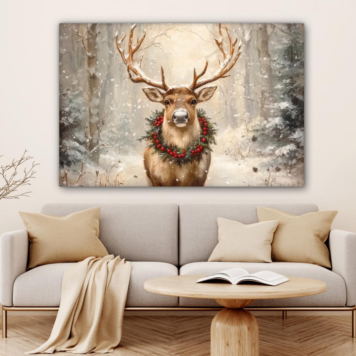 LEINWANDBILD Weihnachten - Rentier - Winter - Kranz Wohnzimmer Groß 120x80 cm - Naturfarben, Textil (120/80cm) - MuchoWow