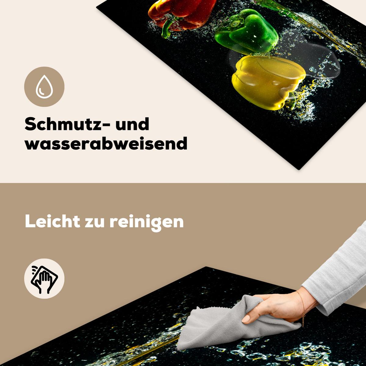 HERDABDECKPLATTE Paprika - Gemüse - Wasser - Schwarz - Rot - Grün - Gelb Ceranfeldabdeckung 90x52 cm - Multicolor, Kunststoff (90/52/0.2cm) - MuchoWow