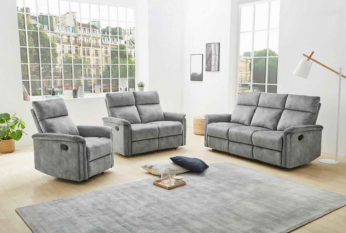 3-SITZER-RELAXSOFA Federkern, Liegefunktion verstellbar durch halbautomatische Relaxfunktion B180/T90/H100 cm, Velours Vintage Grau / 15128 - Hellgrau/Schwarz, Textil (180/100/90cm) - luma-home