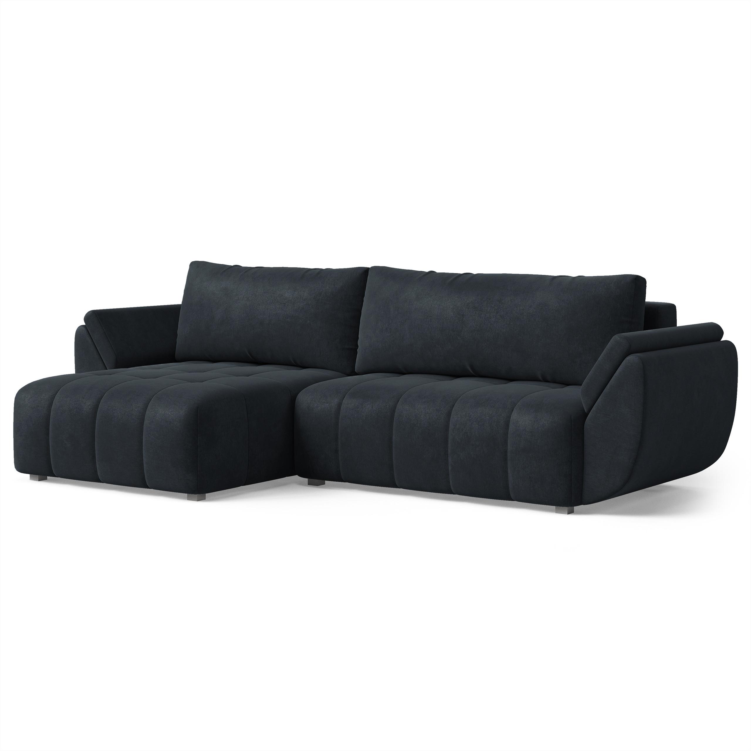 ECKSOFA OLSI Schwarz Velours-Stoff mit Schlaffunktion - Schwarz, Holz (285/148cm) - MASSENO